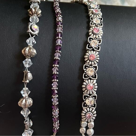 Silver + Pink, Purple, & Clear Crystal 3 Bracelet Stack Set - Picture 4 of 7